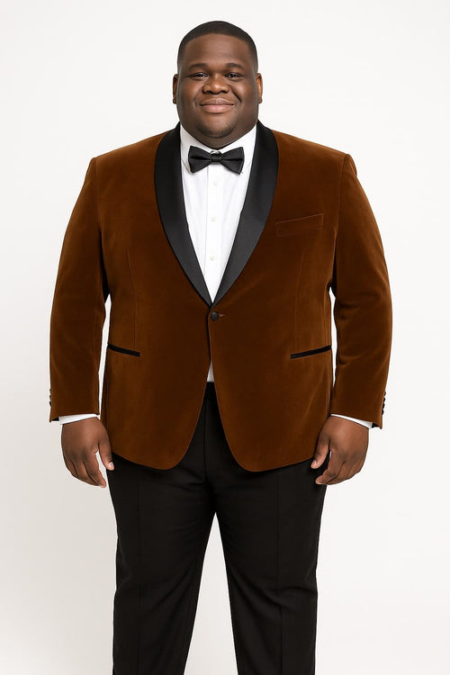 Mens Brown Velvet Tuxedo with Black Satin Shawl Lapel – One Button Formal Suit Jacket