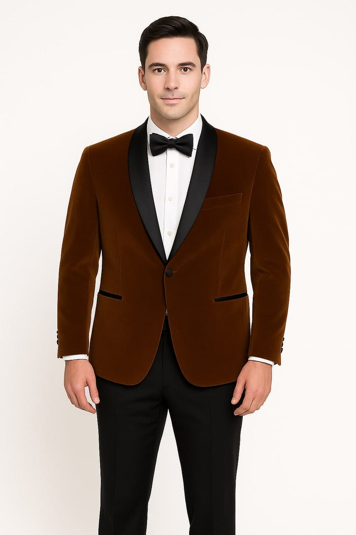 Mens Brown Velvet Tuxedo with Black Satin Shawl Lapel One Button Formal Suit Jacket
