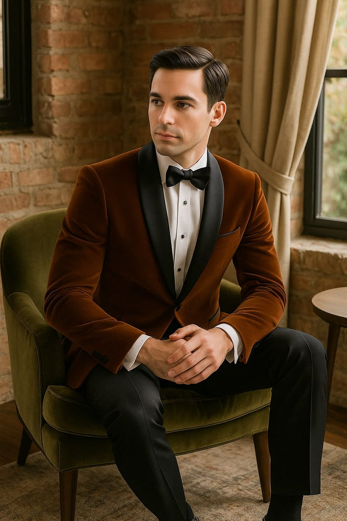 Mens Brown Velvet Tuxedo with Black Satin Shawl Lapel One Button Formal Suit Jacket