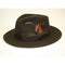 Men's brown wool fedora hat with a rounded, pinched crown and wide brim. Features a dark brown band, feather, and green accent. Crafted from wool.
