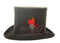 Brown felt top hat with tall crown and curved brim. Features a black ribbon band and a decorative feather accent (red, black, white). 100% premium quality.