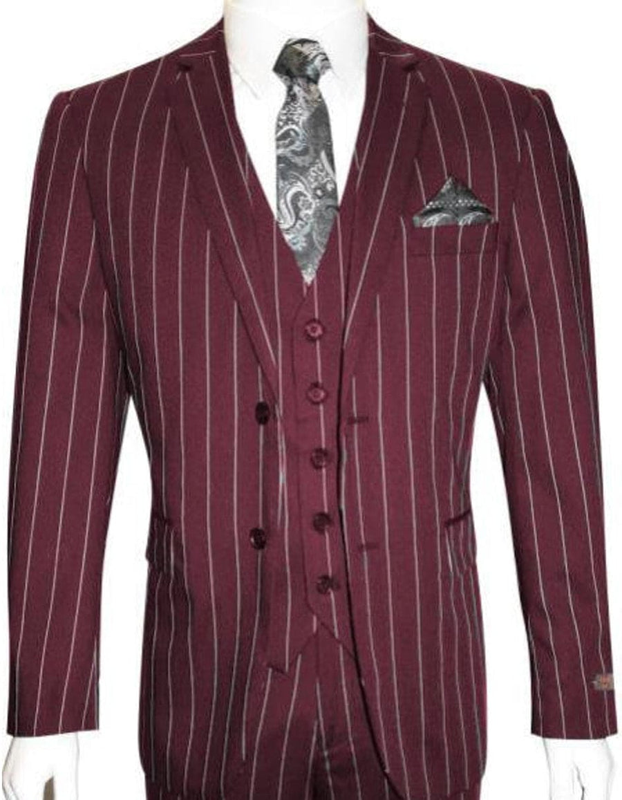 Mens 2 Button Gangster Pinstripe Suit  Burgundy