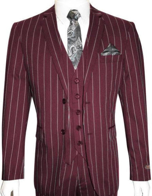 Gangster Suit - Mobster Suit - Mafia Suit For Mens 2 Button Gangster Pinstripe Suit in Burgundy