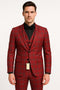 Men's burgundy plaid three-piece suit. Fitted single-breasted jacket, notch lapel, flap pockets. Matching V-neck waistcoat. Tailored trousers with straight leg. Burgundy fabric with black, green, and yellow plaid.

