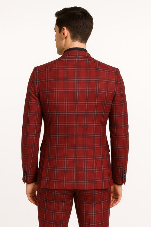 Alberto Nardoni men's burgundy plaid three-piece suit. Fitted, tailored cut. Single-breasted jacket with two buttons and buttoned sleeves. Trousers match the burgundy plaid pattern. Smooth jacket back, side vents.
