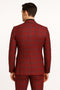 Alberto Nardoni men's burgundy plaid three-piece suit. Fitted, tailored cut. Single-breasted jacket with two buttons and buttoned sleeves. Trousers match the burgundy plaid pattern. Smooth jacket back, side vents.
