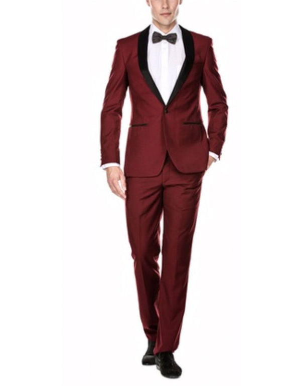 Mens Slim Fit 1 Button Shawl Tuxedo in Burgundy