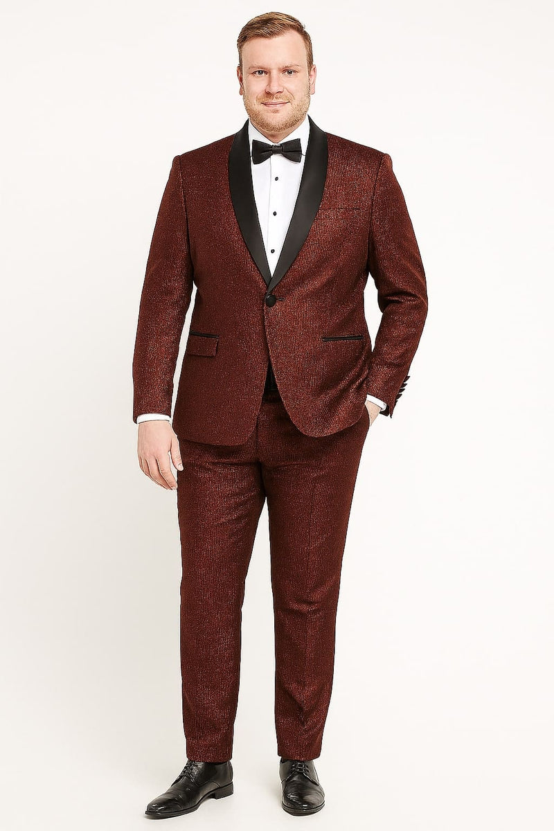 Burgundy men's tuxedo jacket with shiny stripe. Single-breasted, notched black lapel, subtle stripe, glossy sheen. Fitted silhouette, black buttons, two front pockets.
