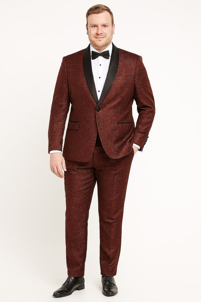 Burgundy men's tuxedo jacket with shiny stripe. Single-breasted, notched black lapel, subtle stripe, glossy sheen. Fitted silhouette, black buttons, two front pockets.
