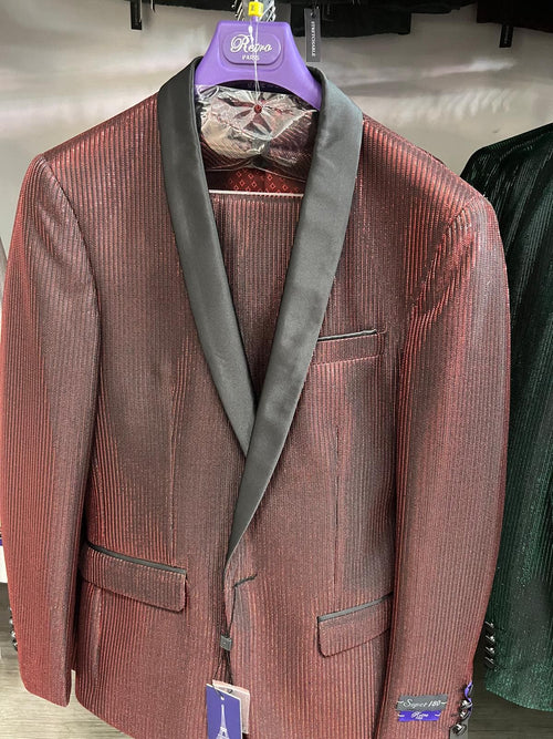 Burgundy men's tuxedo jacket with shiny vertical stripes, black satin shawl lapel, and structured shoulders. Features black-outlined pockets and a red patterned lining. Fitted shape.
