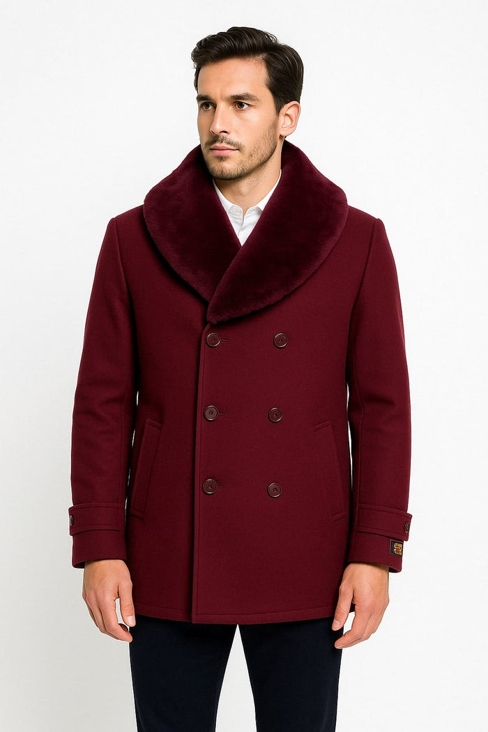 Burgundy double-breasted overcoat with faux fur shawl collar, structured shape, visible buttons, side pockets, and buttoned cuffs. Dense, smooth material suggests warmth.
