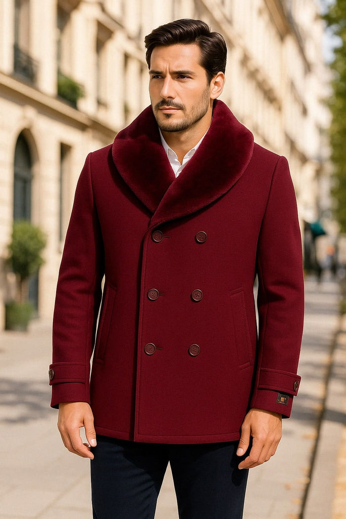Men's burgundy double-breasted overcoat with faux fur shawl collar, shoulder epaulets, and button closures. Tailored fit, side pockets. Deep burgundy with contrasting faux fur.
