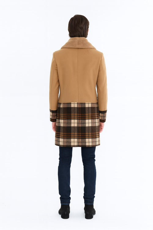 Camel brown double-breasted overcoat with shawl collar and plaid wool bottom (beige, brown, orange). Includes fur collar.
