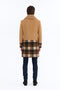 Camel brown double-breasted overcoat with shawl collar and plaid wool bottom (beige, brown, orange). Includes fur collar.
