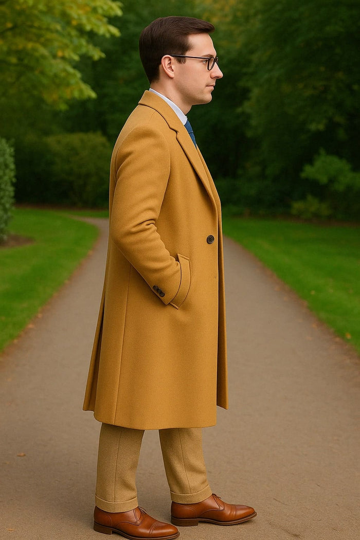 Great Gatbsy Package -  Mens Camel Overcoat with Beige Tweed 3-Piece Suit Combo 4 Items Formal Winter Outfit