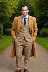 Great Gatbsy Package -  Mens Camel Overcoat with Beige Tweed 3-Piece Suit Combo 4 Items Formal Winter Outfit