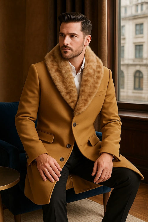 Mens Camel Overcoat with Light Faux Fur Collar â€“ Single-Breasted Wool Dress Coat