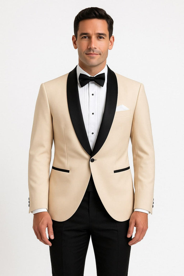 Mens Champagne Light Tan Tuxedo Jacket with Black Shawl Lapel Classic One-Button Formal Dinner Jacket - Nude Color