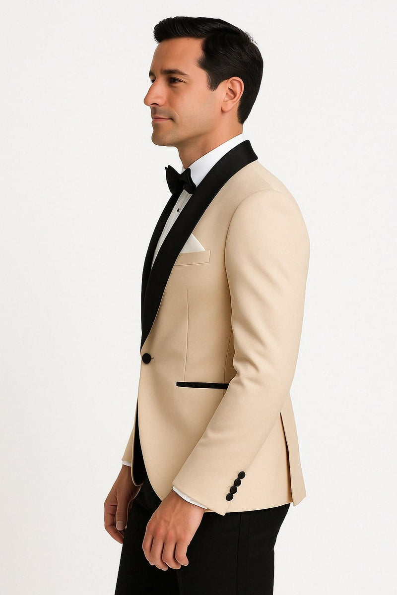 Mens Champagne Light Tan Tuxedo Jacket with Black Shawl Lapel Classic One-Button Formal Dinner Jacket - Nude Color