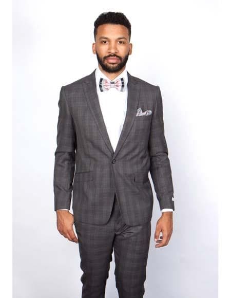 Mens Slim Fit Charcoal Plaid Suit by Rossiman Rossi - 1-Button Jacket & Tapered Pants