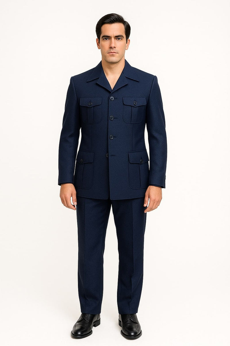 Mens Classic Navy Safari Suit with Utility Jacket and Coordinated Trousers 