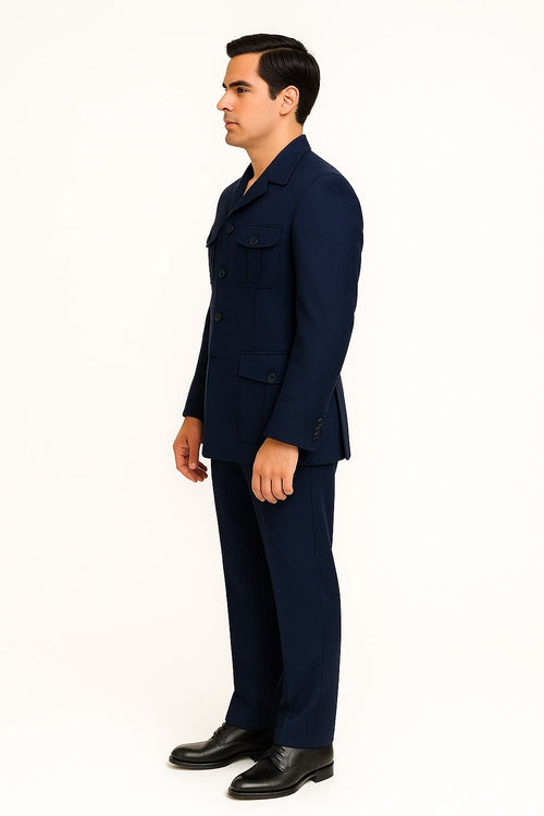 Mens Classic Navy Safari Suit with Utility Jacket and Coordinated Trousers