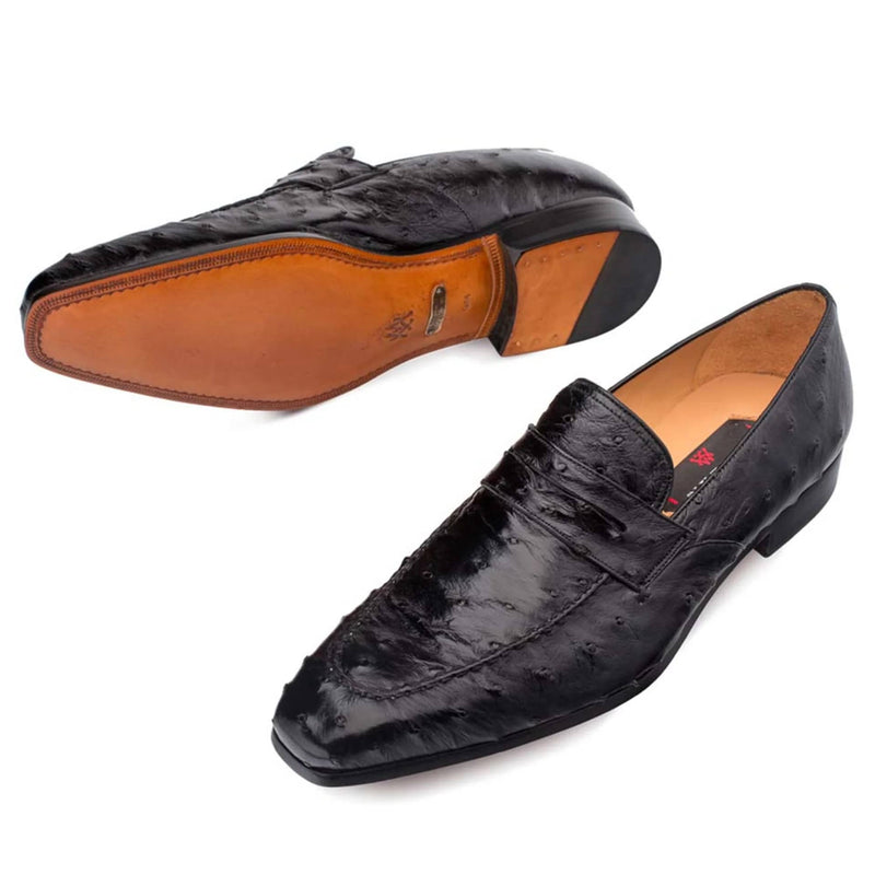 Mezlan Lisbon loafer: men's slip-on crafted from brandy-colored ostrich leather. Features an elongated shape, smooth texture, leather sole with a shiny finish and black rubber heel.
