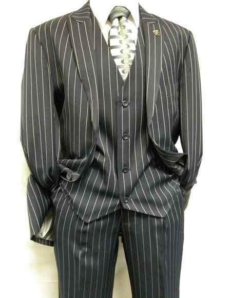 1920'S Gangster Bold Pinstripe ~ Stripe Men's Stripe Mars Gray Fashion Vested Suit Pleated Pant