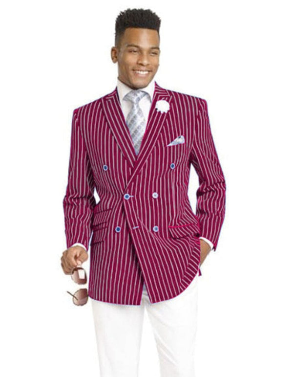 Mens Double Breasted Blazer in Color Burgundy - Pinstripe Sportcoat