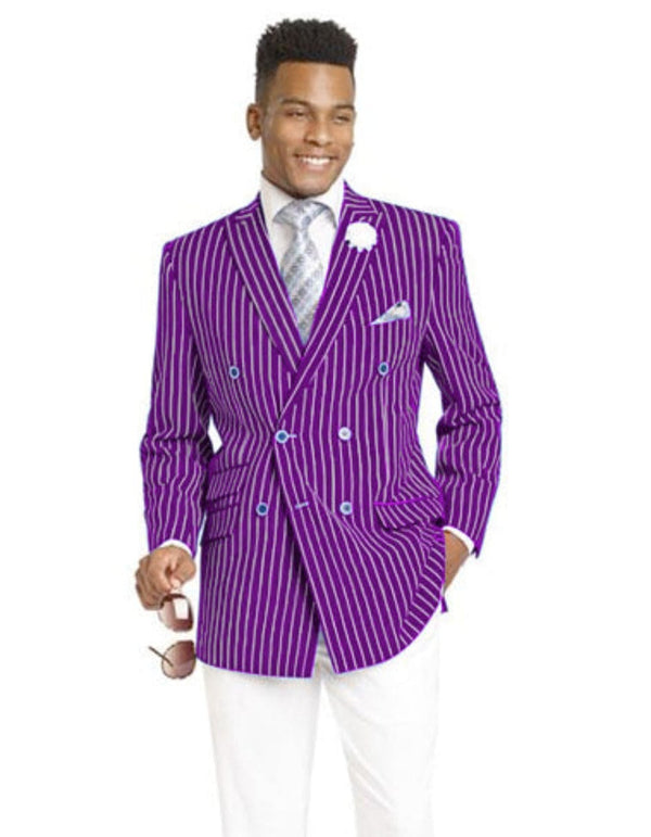 Mens Double Breasted Blazer in Color Purple - Pinstripe Sportcoat