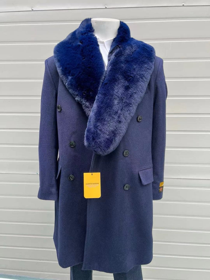 Mens Double-Breasted Navy Overcoat with Plush Blue Faux Fur Collar â€“ Alberto Nardoni Winter Coat