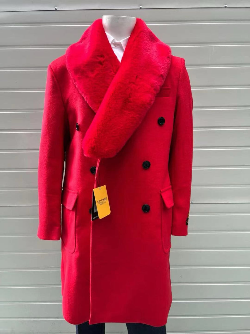 Mens Double Breasted Red Overcoat with Bold Red Faux Fur Collar â€“ Alberto Nardoni Luxury Winter Coat