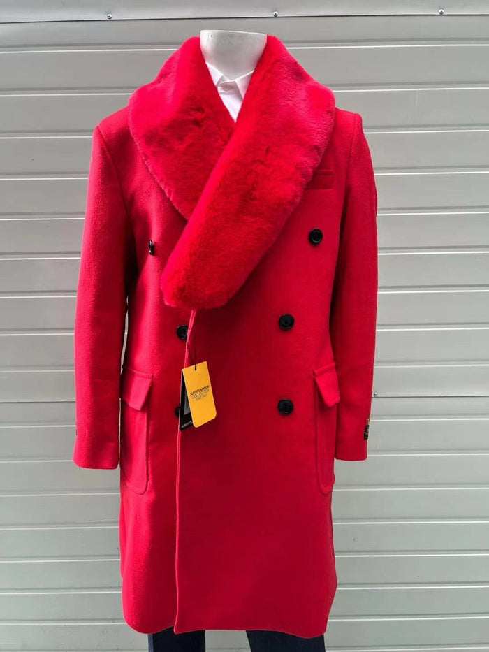 Mens Double Breasted Red Overcoat with Bold Red Faux Fur Collar â€“ Alberto Nardoni Luxury Winter Coat
