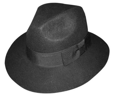 New black men's fedora trilby dress hat. Structured, slightly tapered crown, wide flat brim, and a satin band detail. Classic style.
