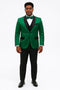 Mens Emerald Green Satin Tuxedo with Black Peak Lapel and Bow Tie – Formal Slim Fit Suit