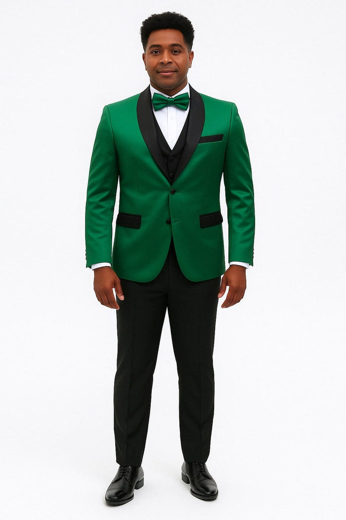 Mens Emerald Green Satin Tuxedo with Black  Lapel Formal Slim Fit Suit