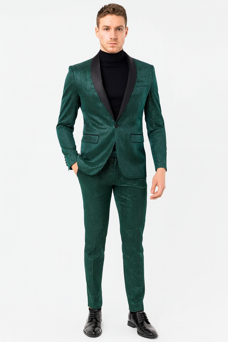 Men's emerald green tuxedo suit: slim fit jacket with satin lapel & matching ultra slim pants. Shiny, reflective material. Perfect for special occasions.
