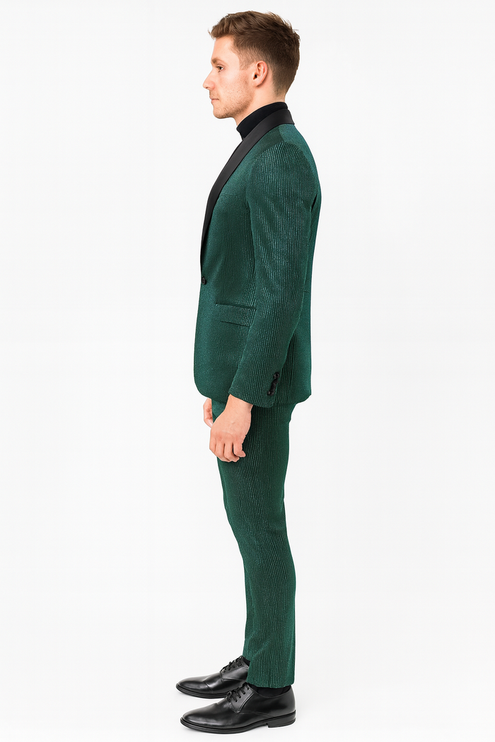 Emerald green men's tuxedo suit with shiny stripe. Slim fit, 2-piece design. Satin lapel jacket, ultra slim pants. Textured, glossy striped fabric.