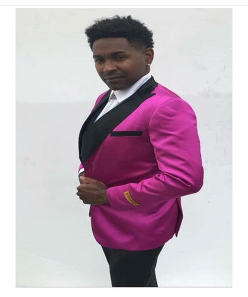 Mens Fuchsia Pink Satin Tuxedo Jacket with Black Peak Lapel – Bold Slim Fit Formal Suit