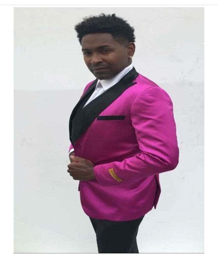 Mens Fuchsia Pink Satin Tuxedo Jacket with Black Peak Lapel â€“ Bold Slim Fit Formal Suit