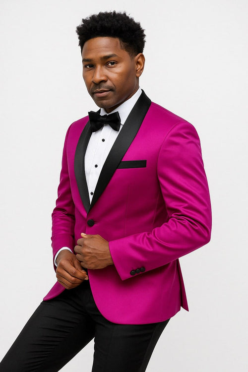 Mens Fuchsia Pink Satin Tuxedo Jacket with Black Peak Lapel â€“ Bold Slim Fit Formal Suit