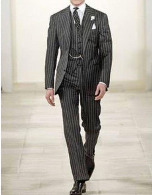 Mens 2 button Gangster Pinstripe Striped Pattern Suit in Black & White