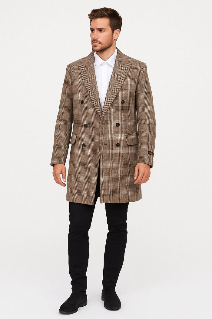 Mens Gray and Light Brown Glen Plaid Wool Overcoat Double-Breasted Vintage Check OverCoat - Three Quarter Carcoat