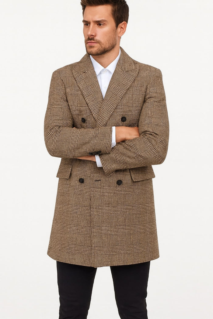 Mens Gray and Light Brown Glen Plaid Wool Overcoat Double-Breasted Vintage Check OverCoat - Three Quarter Carcoat