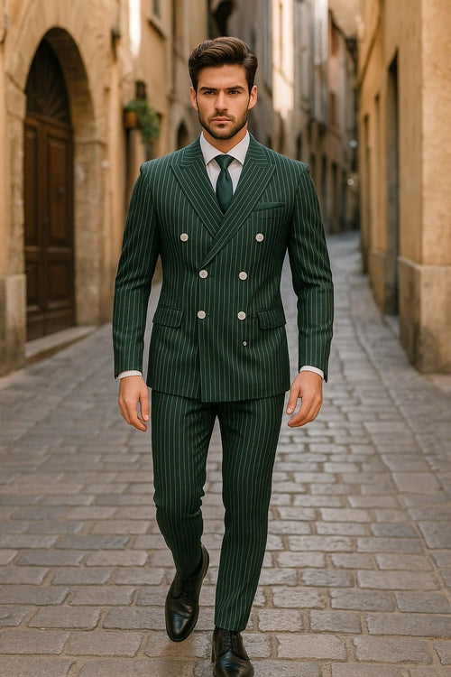 Men's tailored green pinstripe double-breasted suit. Features fitted jacket with silver buttons, slim-fit trousers, and a textured material. Includes a matching green tie for a cohesive look.
