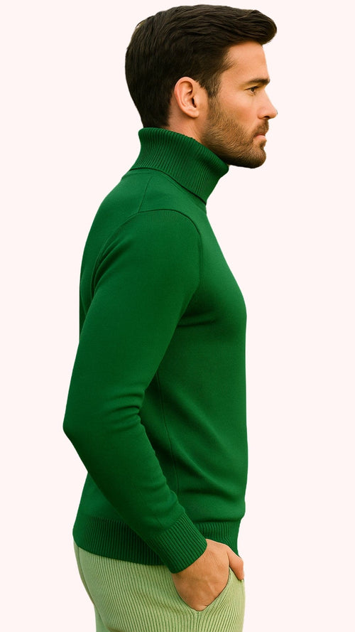 Mens Green Slim Fit Turtleneck Sweater â€“ Lightweight Knit Pullover in Emerald Green