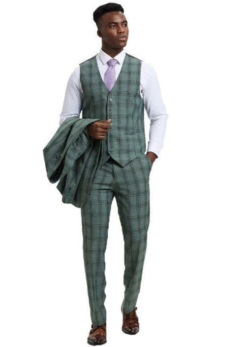 Mens 2 Button Green Wide Lapel Plaid Jacket 3 Piece Suit