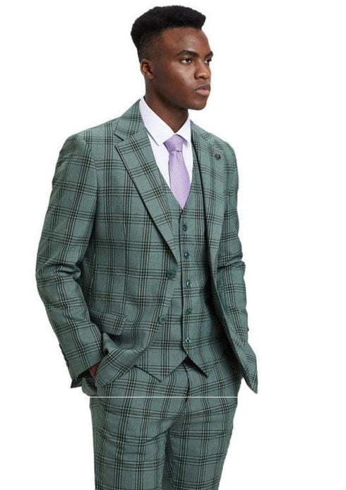 Mens 2 Button Green Wide Lapel Plaid Jacket 3 Piece Suit