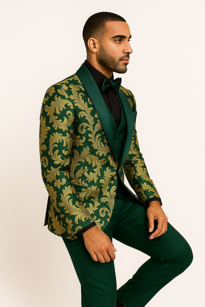Mens Green and Gold Embroidered Tuxedo â€“ 3-Piece Prom Suit