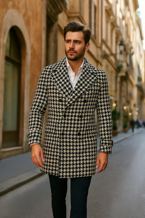 Mens Houndstooth Double-Breasted Wool Peacoat â€“ Black and White Wool  Short Coat Slim Fit